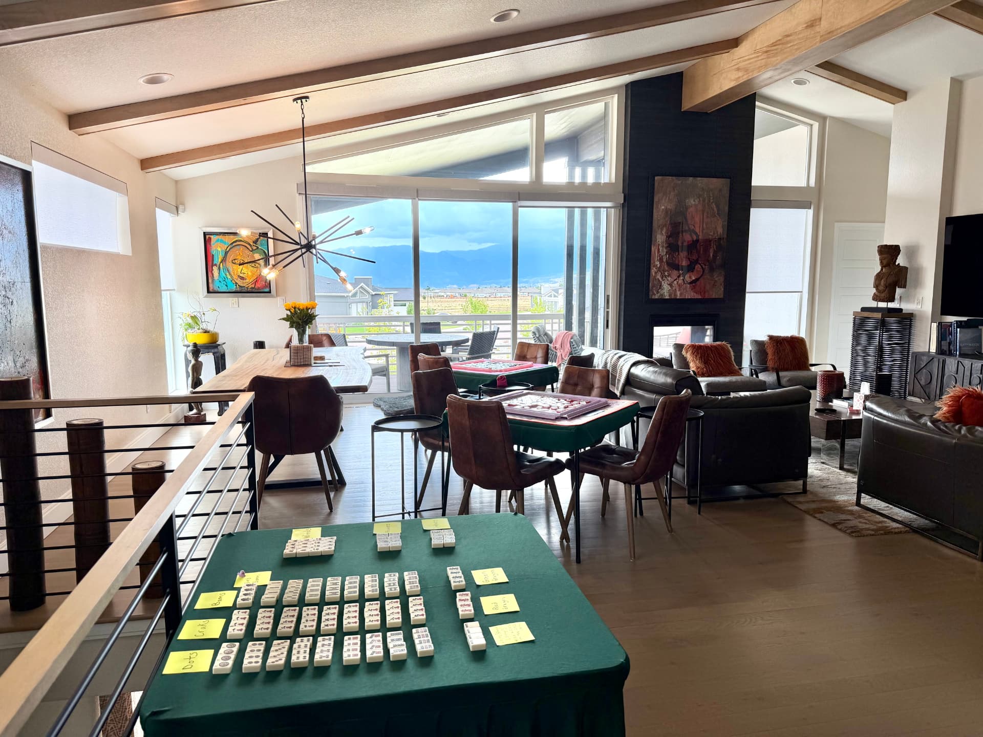 Amy's Mahjong House set up with tables, tiles, and racks ready for players